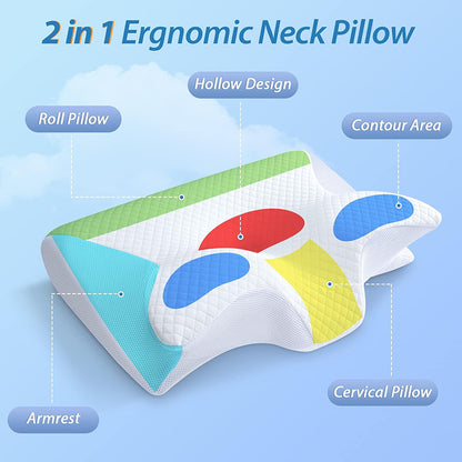 Memory Foam Cervical Pillow, 2 in 1 Ergonomic Contour Orthopedic Pillow for Neck Pain, Contoured Support Pillows,Neck Pillow